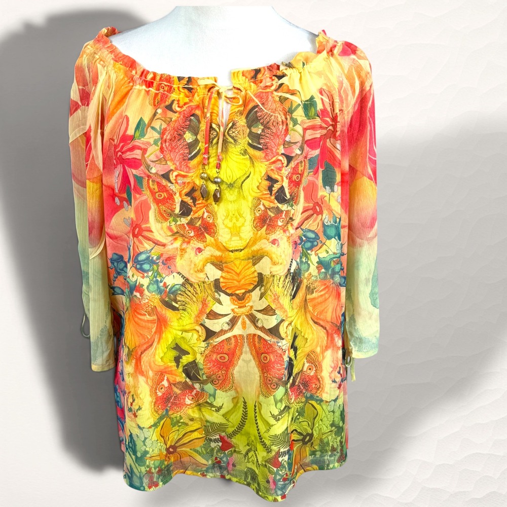 Live and Let Live Blouse Women XL Yellow Bohemian Butterfly Floral Sheer Peasant